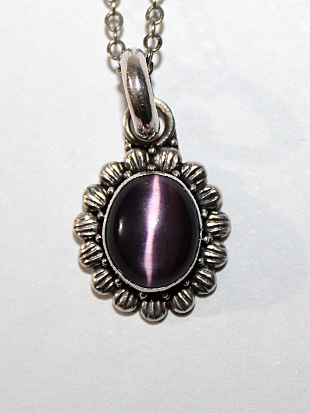 Sterling Silver Purple Cat Eye Glass Floral Necklace